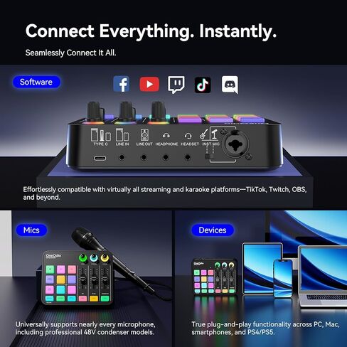 خلاط صوت للألعاب OneOdio Solocaster - واجهة 5 قنوات مع طاقة فانتوم 48 فولت، بلوتوث، إضاءة RGB، 3.5 مم/XLR/USB C، للمبتدئين في البث/البودكاست/الكاريوكي على الكمبيوتر الشخصي، ماك، الهاتف المحمول in Kuwait