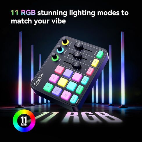 خلاط صوت للألعاب OneOdio Solocaster - واجهة 5 قنوات مع طاقة فانتوم 48 فولت، بلوتوث، إضاءة RGB، 3.5 مم/XLR/USB C، للمبتدئين في البث/البودكاست/الكاريوكي على الكمبيوتر الشخصي، ماك، الهاتف المحمول in Kuwait