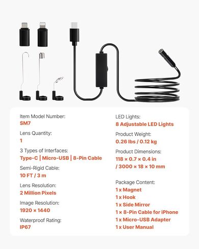 Happybuy 1920P HD Endoscope Camera: Equipped with 8 Adjustable LEDs, 10FT Semi-Rigid Cable, 2X Zoom. Waterproof for Automotive, Plumbing & More! in Saudi Arabia