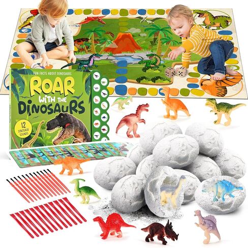 Dino Eggs Dig Kit, 12 Pack Dinosaur Eggs Excavation Set, Easter Gift Dinosaur Toys Science Experiments Kits with 12 Cards, Easter Basket Stuffers Toys for 3 4 5 6 7 8 9 10 11 Year Old Boys Girl in Kuwait