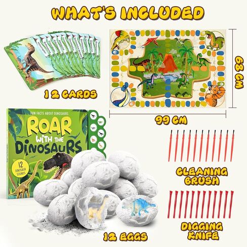 Dino Eggs Dig Kit, 12 Pack Dinosaur Eggs Excavation Set, Easter Gift Dinosaur Toys Science Experiments Kits with 12 Cards, Easter Basket Stuffers Toys for 3 4 5 6 7 8 9 10 11 Year Old Boys Girl in Kuwait