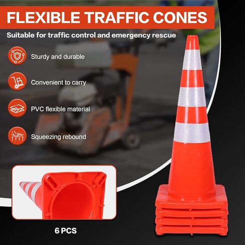 35 Inch 6 Pack Plastic Safety Cones PVC Heavy Duty Cones with Reflective Collars for Construction Events Driveways Parking Lots in Saudi Arabia