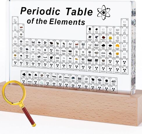 Mukarisk Periodic Table with Real Elements Inside, 83 Real Elements Samples, with Wooden Stand and Magnifying Glass, Chemistry Decor, Science Gifts, for Kid, Student, Teacher, Lovers, 6 * 4.5 Inch in Kuwait