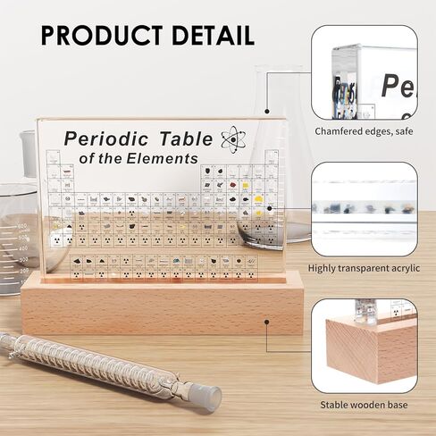 Mukarisk Periodic Table with Real Elements Inside, 83 Real Elements Samples, with Wooden Stand and Magnifying Glass, Chemistry Decor, Science Gifts, for Kid, Student, Teacher, Lovers, 6 * 4.5 Inch in Kuwait