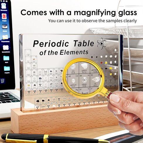 Mukarisk Periodic Table with Real Elements Inside, 83 Real Elements Samples, with Wooden Stand and Magnifying Glass, Chemistry Decor, Science Gifts, for Kid, Student, Teacher, Lovers, 6 * 4.5 Inch in Kuwait
