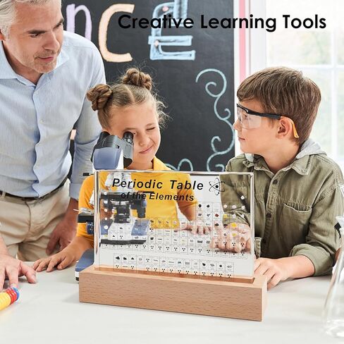 Mukarisk Periodic Table with Real Elements Inside, 83 Real Elements Samples, with Wooden Stand and Magnifying Glass, Chemistry Decor, Science Gifts, for Kid, Student, Teacher, Lovers, 6 * 4.5 Inch in Kuwait