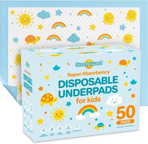 SunnyGuard Disposable Changing Pads for Baby 13 x 18 Inches, 50 Diaper Changing Pad with Unique Design & 6 Layers of Protection for Nursery Use, Travel Changes & Pee Pad Protection, 33 x 46 CM in Saudi Arabia