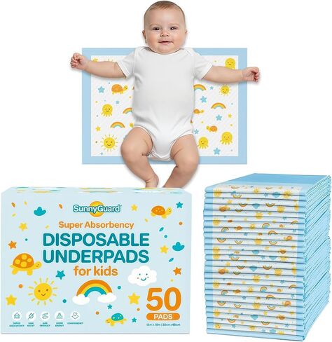 SunnyGuard Disposable Changing Pads for Baby 13 x 18 Inches, 50 Diaper Changing Pad with Unique Design & 6 Layers of Protection for Nursery Use, Travel Changes & Pee Pad Protection, 33 x 46 CM in Saudi Arabia