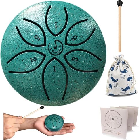 Rain Drum for Outside- Steel Tongue Drum 3 Inch 6 Notes Percussion Instrument w/Bag, Music Book and Malletsand Finger Paddles, Music Gift for Kids（Green） in Kuwait