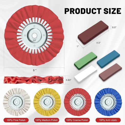 8" Airway Buffing Wheel, 9Pcs Aluminum Polishing Wheel Kit for Angle Grinder, Polishing Compound and Metal Polishing Pads for Stainless Steel Chrome Car Polish Mirror Finish (5/8" Arbor Hole) in Kuwait