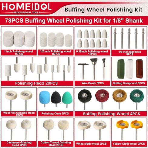 78PCS Buffing Wheel for Dremel Polishing Kit, HOMEIDOL 1/8" Shank Polishing Buffing Wheel for Dremel Tool Accessories with Buffing Compound, Abrasive Wheel Buffing Polishing Wire Brush Polishing Bits in Kuwait
