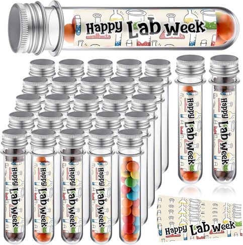 25 Set Lab Week Gifts Bulk Science Party Favors 45ml Plastic Test Tube with Cap Happy Lab Week Sticker 25x140mm Clear Test Tube for Candy Storage Laboratory Student Science Party Decoration in Kuwait