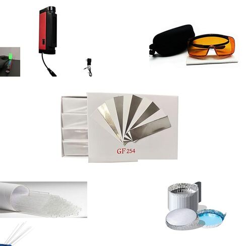 مجموعة أدوات تحليل TLC الكاملة: لوحات متميزة، ومصباح مزدوج للأشعة فوق البنفسجية، ونظارات أمان، وأنابيب شعرية، وقوارب وزن in Kuwait