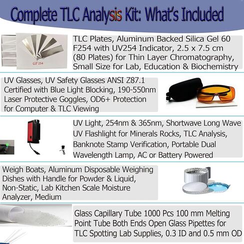 مجموعة أدوات تحليل TLC الكاملة: لوحات متميزة، ومصباح مزدوج للأشعة فوق البنفسجية، ونظارات أمان، وأنابيب شعرية، وقوارب وزن in Kuwait