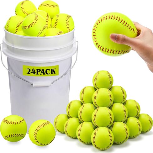 Lewtemi 24 Pack of Practice Softballs Bulk, Slowpitch and Fastpitch Softballs with 6 Gallon Bucket, Yellow Leather Covered Weighted Sports Soft Balls for Practice, Games and Training in Saudi Arabia