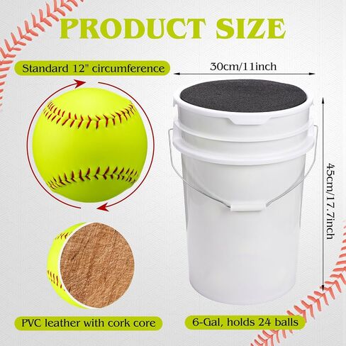 Lewtemi 24 Pack of Practice Softballs Bulk, Slowpitch and Fastpitch Softballs with 6 Gallon Bucket, Yellow Leather Covered Weighted Sports Soft Balls for Practice, Games and Training in Saudi Arabia