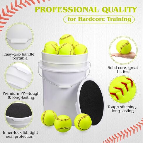 Lewtemi 24 Pack of Practice Softballs Bulk, Slowpitch and Fastpitch Softballs with 6 Gallon Bucket, Yellow Leather Covered Weighted Sports Soft Balls for Practice, Games and Training in Saudi Arabia