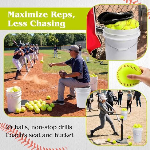 Lewtemi 24 Pack of Practice Softballs Bulk, Slowpitch and Fastpitch Softballs with 6 Gallon Bucket, Yellow Leather Covered Weighted Sports Soft Balls for Practice, Games and Training in Saudi Arabia