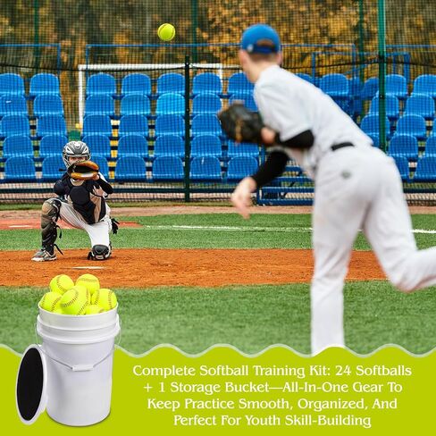 Lewtemi 24 Pack of Practice Softballs Bulk, Slowpitch and Fastpitch Softballs with 6 Gallon Bucket, Yellow Leather Covered Weighted Sports Soft Balls for Practice, Games and Training in Saudi Arabia
