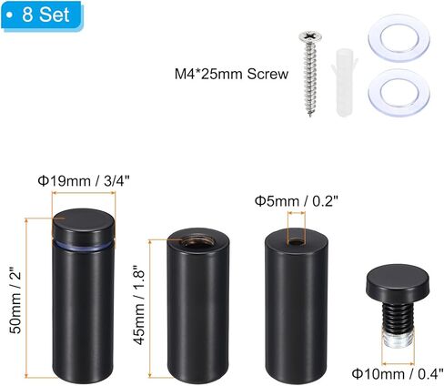 PATIKIL 3/4 x 2 Inch Sign Standoff Screws, 8 Set Stainless Steel Wall Standoff Mounting Hardware Advertising Glass Nail for Hanging Acrylic Picture Frame Acrylic Panel, Black in Saudi Arabia