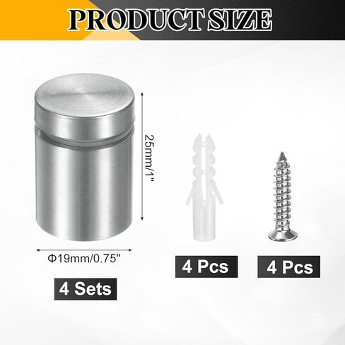 uxcell 4Pcs Sign Standoff Screws, 3/4" x 1" Stainless Steel Wall Standoff Mount Hardware Advertising Glass Nail for Glass Acrylic Panel Picture Frame, Silver Tone in Saudi Arabia
