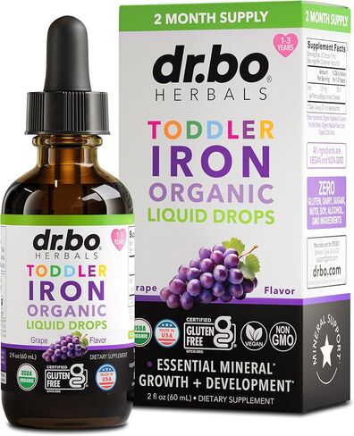 Iron Supplement for Toddlers & Kids - Organic Liquid Iron Drops for Kids, Toddler, Baby, Infant, Toddlers Supplements Ages 1-3 - Organic Vegan Toddler Liquid Drops Supplement, Gluten Free, Non-GMO 2oz in Saudi Arabia