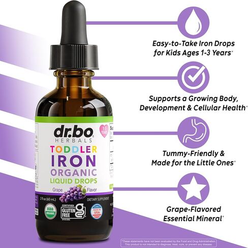 Iron Supplement for Toddlers & Kids - Organic Liquid Iron Drops for Kids, Toddler, Baby, Infant, Toddlers Supplements Ages 1-3 - Organic Vegan Toddler Liquid Drops Supplement, Gluten Free, Non-GMO 2oz in Saudi Arabia