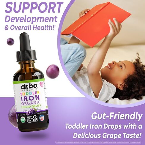 Iron Supplement for Toddlers & Kids - Organic Liquid Iron Drops for Kids, Toddler, Baby, Infant, Toddlers Supplements Ages 1-3 - Organic Vegan Toddler Liquid Drops Supplement, Gluten Free, Non-GMO 2oz in Saudi Arabia