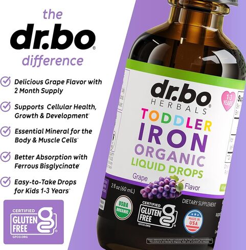 Iron Supplement for Toddlers & Kids - Organic Liquid Iron Drops for Kids, Toddler, Baby, Infant, Toddlers Supplements Ages 1-3 - Organic Vegan Toddler Liquid Drops Supplement, Gluten Free, Non-GMO 2oz in Saudi Arabia