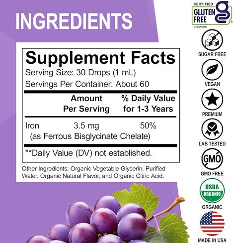 Iron Supplement for Toddlers & Kids - Organic Liquid Iron Drops for Kids, Toddler, Baby, Infant, Toddlers Supplements Ages 1-3 - Organic Vegan Toddler Liquid Drops Supplement, Gluten Free, Non-GMO 2oz in Saudi Arabia