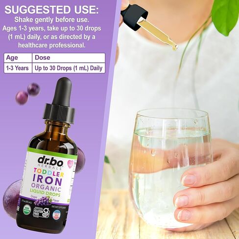 Iron Supplement for Toddlers & Kids - Organic Liquid Iron Drops for Kids, Toddler, Baby, Infant, Toddlers Supplements Ages 1-3 - Organic Vegan Toddler Liquid Drops Supplement, Gluten Free, Non-GMO 2oz in Saudi Arabia