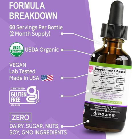 Iron Supplement for Toddlers & Kids - Organic Liquid Iron Drops for Kids, Toddler, Baby, Infant, Toddlers Supplements Ages 1-3 - Organic Vegan Toddler Liquid Drops Supplement, Gluten Free, Non-GMO 2oz in Saudi Arabia