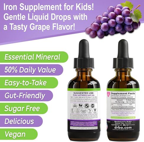 Iron Supplement for Toddlers & Kids - Organic Liquid Iron Drops for Kids, Toddler, Baby, Infant, Toddlers Supplements Ages 1-3 - Organic Vegan Toddler Liquid Drops Supplement, Gluten Free, Non-GMO 2oz in Saudi Arabia