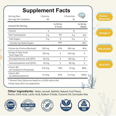 علكات الكولين من أبيسوس للأطفال والكبار، مكملات بيتارترات الكولين الخالية من السكر مع الطحالب أوميجا 3 DHA EPA وB6 B12 النشط، دعم الدماغ والكبد، نباتي، 60 قطعة in Kuwait