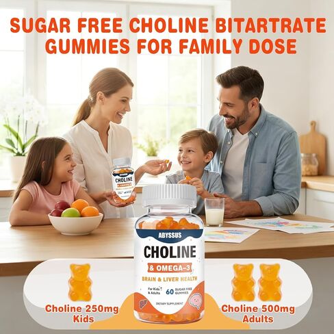 علكات الكولين من أبيسوس للأطفال والكبار، مكملات بيتارترات الكولين الخالية من السكر مع الطحالب أوميجا 3 DHA EPA وB6 B12 النشط، دعم الدماغ والكبد، نباتي، 60 قطعة in Kuwait