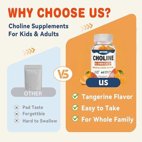علكات الكولين من أبيسوس للأطفال والكبار، مكملات بيتارترات الكولين الخالية من السكر مع الطحالب أوميجا 3 DHA EPA وB6 B12 النشط، دعم الدماغ والكبد، نباتي، 60 قطعة in Kuwait