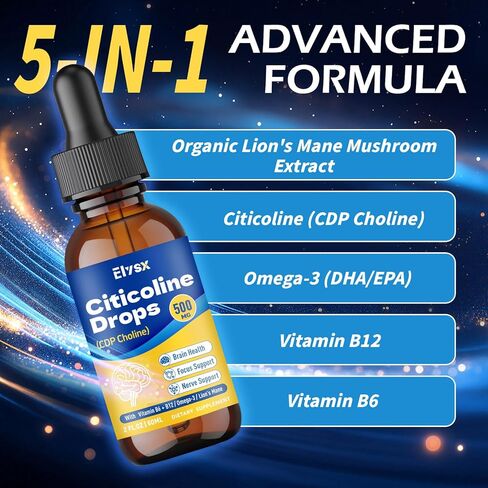 سيتيكولين قطرات سائلة 500 ملغ، CDP كولين للأطفال والكبار، مكمل سيتيكولين لصحة الدماغ ودعم التركيز مع مستخلص عرف الأسد، نكهة المانجو، 2 أونصة سائلة in Kuwait