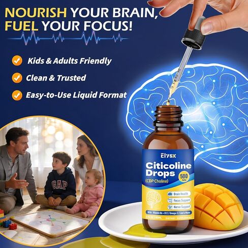 سيتيكولين قطرات سائلة 500 ملغ، CDP كولين للأطفال والكبار، مكمل سيتيكولين لصحة الدماغ ودعم التركيز مع مستخلص عرف الأسد، نكهة المانجو، 2 أونصة سائلة in Kuwait