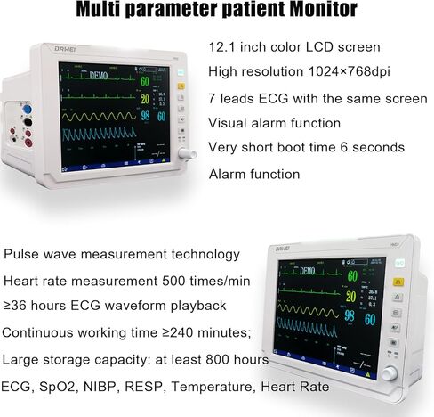 DAWEI 12.1" Veterinary Vital Signs Monitor for Pets, Veterinary Monitor for Animal ECG, SpO2, Blood Pressure, Respiration & Temperature Monitoring for Dog, Cat and Small Animals in Kuwait