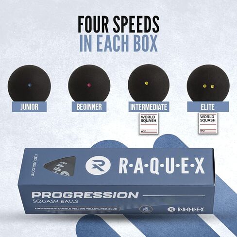 كرات الاسكواش التقدمية (صندوق مختلط مكون من 4 كرات) - 4 × سرعات لكل صندوق: نقطة صفراء مزدوجة للمنافسة، نقطة صفراء، نقطة حمراء، نقطة زرقاء. كرة اسكواش معتمدة من WSF in Kuwait