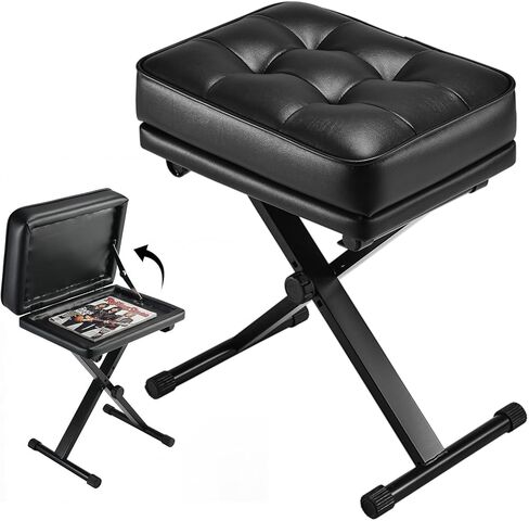 Adjustable Piano Bench with Storage - Keyboard Stool with 3-Level Height,Thicked Comfortable Padded Seat & Foldable X-Frame,Keyboard Bench with Non-Slip Feets, Sturdy Support for Kids & Adults (Black) in Kuwait