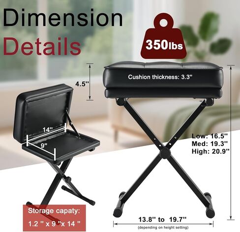 Adjustable Piano Bench with Storage - Keyboard Stool with 3-Level Height,Thicked Comfortable Padded Seat & Foldable X-Frame,Keyboard Bench with Non-Slip Feets, Sturdy Support for Kids & Adults (Black) in Kuwait