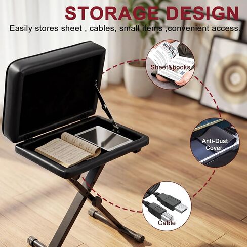 Adjustable Piano Bench with Storage - Keyboard Stool with 3-Level Height,Thicked Comfortable Padded Seat & Foldable X-Frame,Keyboard Bench with Non-Slip Feets, Sturdy Support for Kids & Adults (Black) in Kuwait