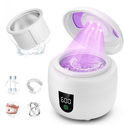 آلة تنظيف التجنيب بالموجات فوق الصوتية المقاومة للماء مع خزان مياه قابل للإزالة سعة 180 مل - منظف بالموجات فوق الصوتية 45 كيلو هرتز لحراس الفم والمجوهرات ومنظف التجنيب - مؤقت رقمي، إيقاف مؤقت ذكي، هادئ حتى 30 ديسيبل in Kuwait