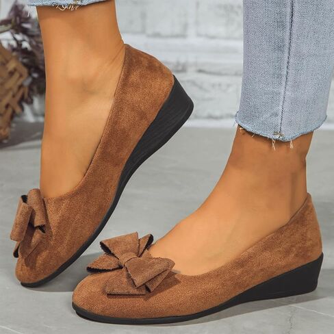Womens Bowknot Dress Flats Ballet Low Wedge Round Toe Slip-Ons Comfortable Casual Flats Shoes Dressy Office Work Shoes in Kuwait