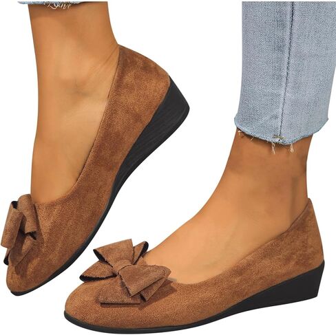 Womens Bowknot Dress Flats Ballet Low Wedge Round Toe Slip-Ons Comfortable Casual Flats Shoes Dressy Office Work Shoes in Kuwait