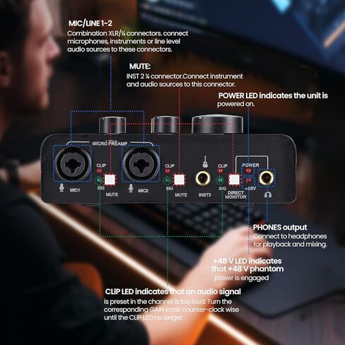 USB Audio Interface with 2X XLR/TRS Inputs, Phantom Power, USB-A/C Connectivity Perfect for Recording, Live Streaming, Podcasting Home Studio Use by Musicians Content Creators(OS3) in Saudi Arabia