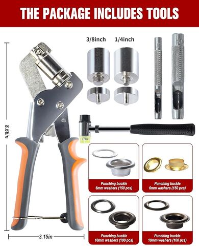 Stainless Steel Grommet Kit (3/8 and 1/4) Includes a Hammer and Bag and 200 10mm and 300 6mm Grommets. Eyelet and Grommet Tool Kit for DIY Tarp Leather Ring Repair and Installation. in Kuwait