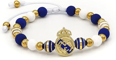 Hala Madrid Soccer Fan Bracelet, Blue and White Beaded with Gold Team Logo, Adjustable in Saudi Arabia