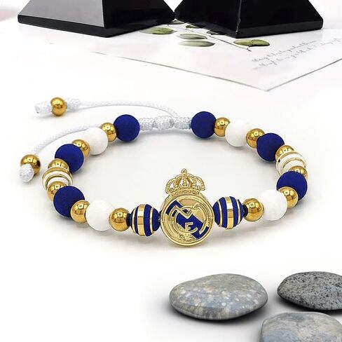 Hala Madrid Soccer Fan Bracelet, Blue and White Beaded with Gold Team Logo, Adjustable in Saudi Arabia